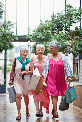 Buy stock photo Full length portrait of a three senior women out on a shopping spree