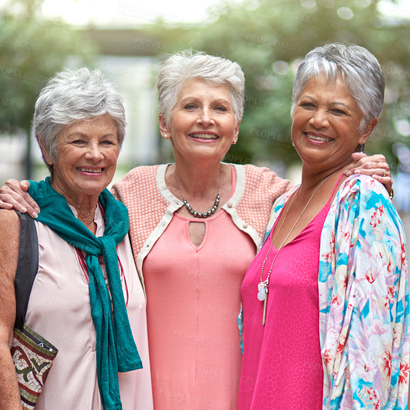 Buy stock photo Cropped portrait of a three senior women out on a shopping spree