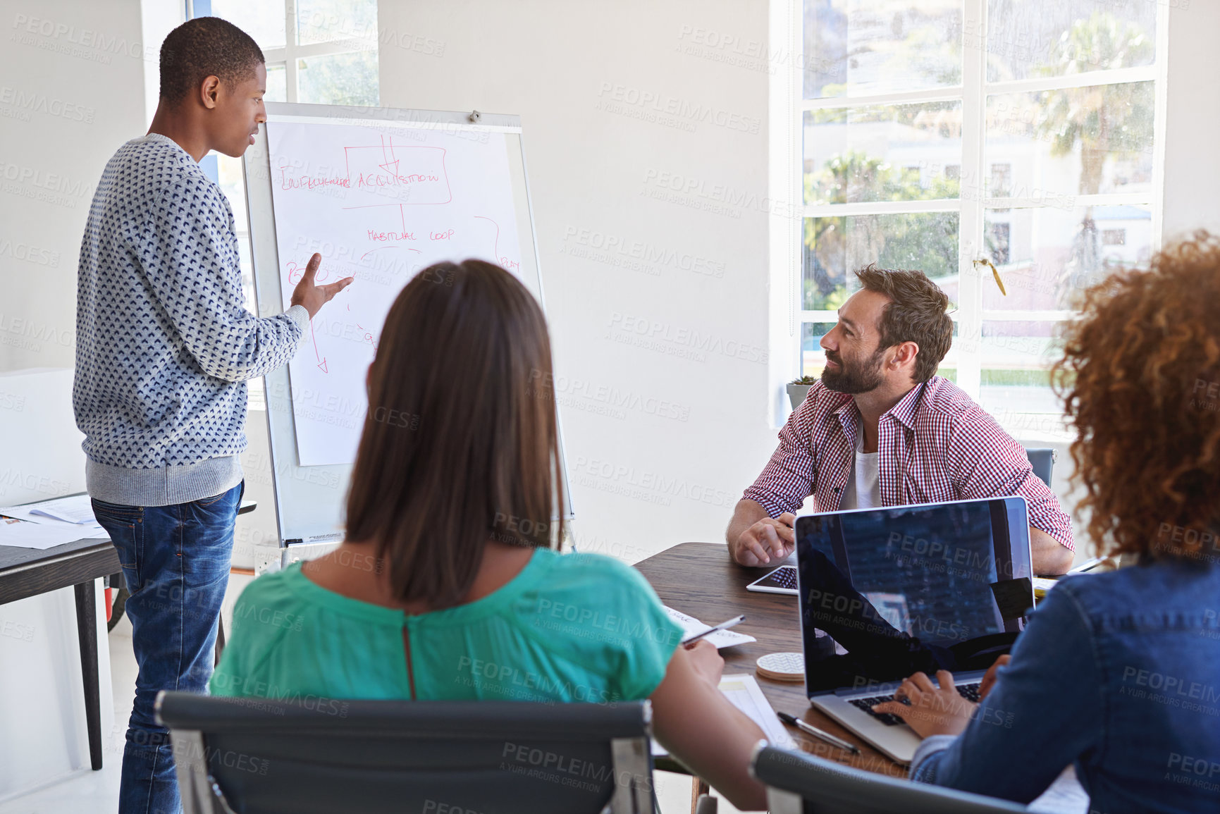 Buy stock photo Man, whiteboard and presentation with meeting at startup for staff, brainstorming or info for acquisition process. Person, speaker and crowd in modern office for problem solving at creative agency