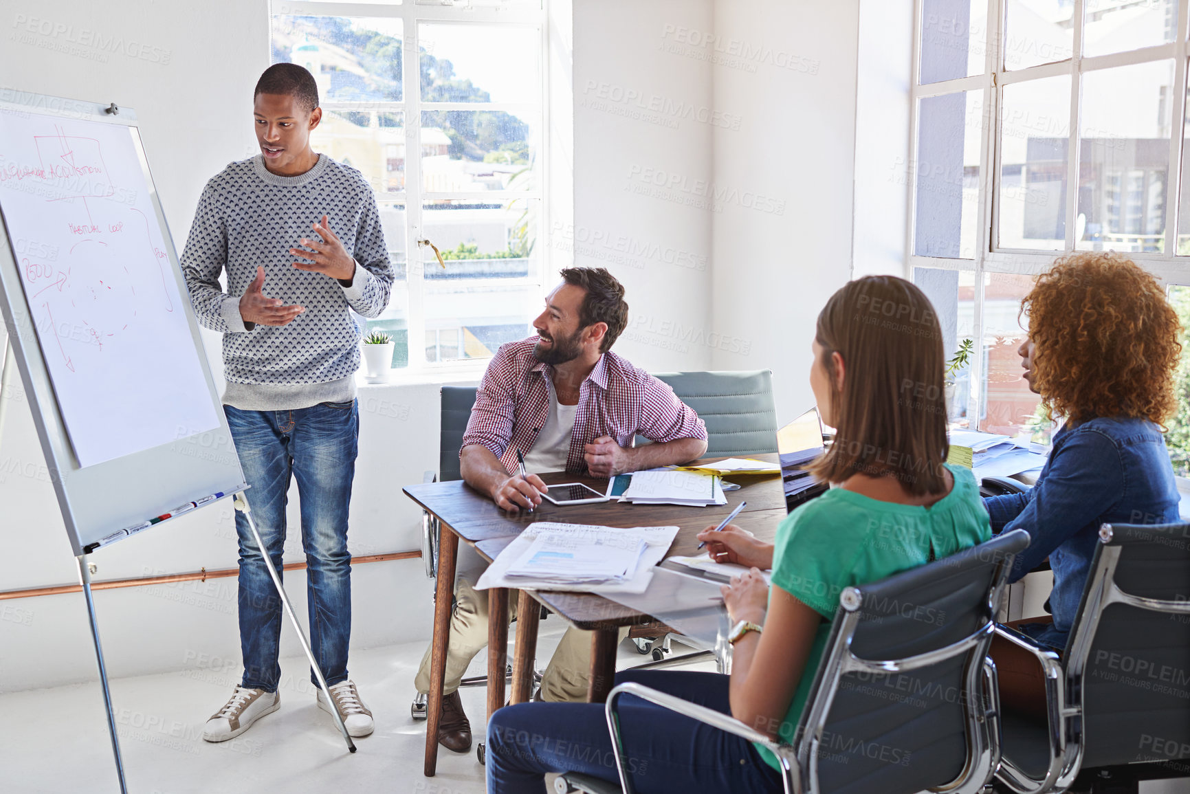 Buy stock photo Man, whiteboard and presentation with planning at startup for pitch, brainstorming or banner for acquisition process. Person, speaker and crowd in modern office for problem solving at creative agency