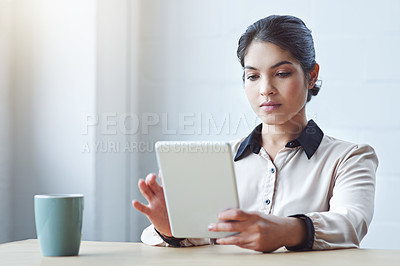 Buy stock photo Business woman, tablet and thinking in office with vision, internet research and strategy for goals. Young executive, computer and brainstorming for ideas, focus and website management in workplace