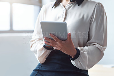Buy stock photo Hands, tablet and office with manager woman, planning for business schedule, calendar or goal research. Corporate executive, mobile touchscreen tech or expert in workplace for idea on digital app