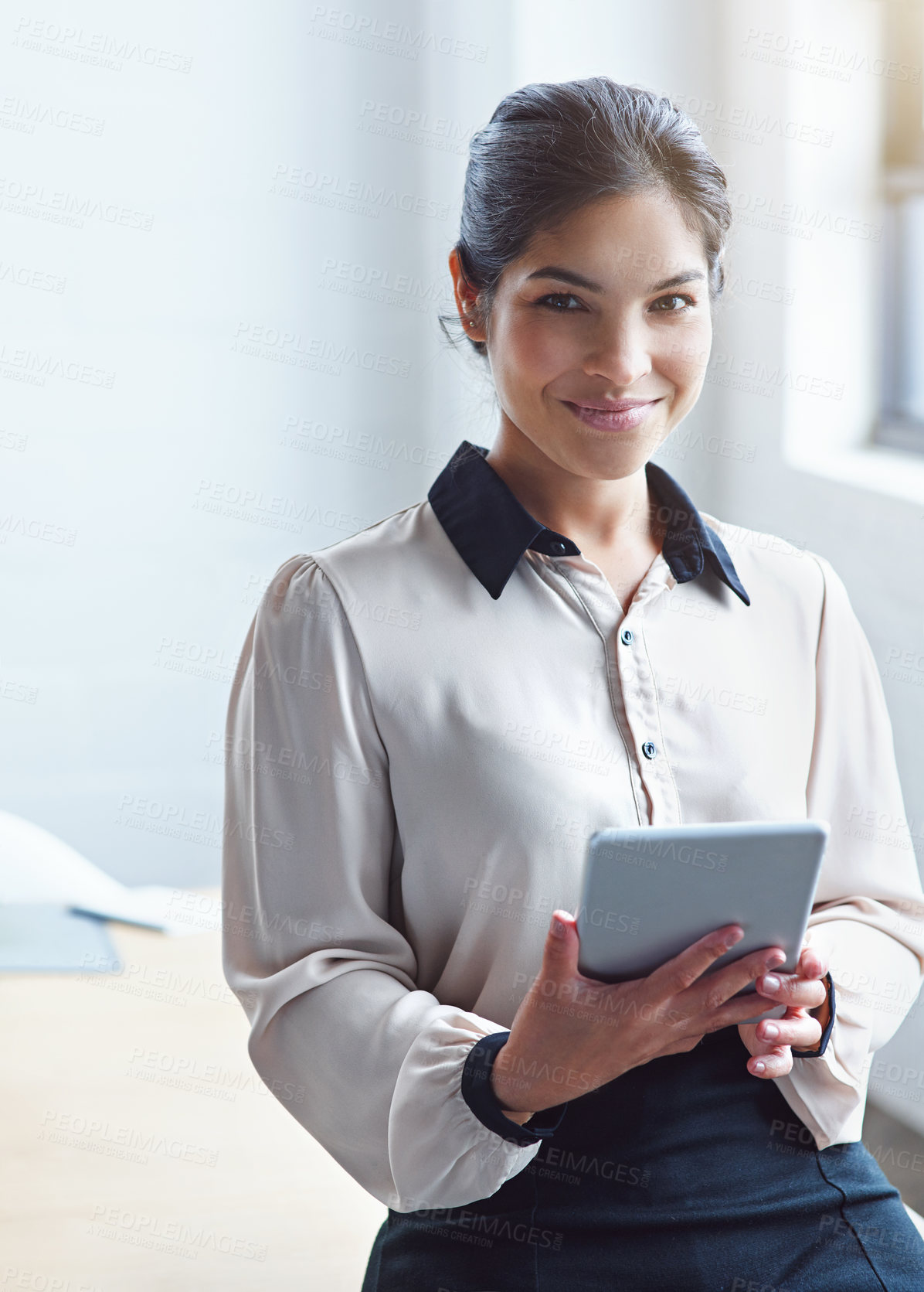 Buy stock photo Business woman, tablet and smile in portrait with analytics, internet research and strategy for career. Young executive, touchscreen and brainstorming for idea or web management in office workplace