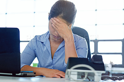Buy stock photo Mental health, burnout headache and woman stress over database 404 glitch, NFT investment fail or bad trading feedback. Laptop problem, economy crisis or sad trader depression over stock market crash