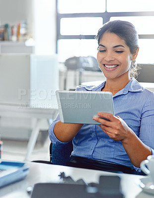 Buy stock photo Tablet, office smile or business woman review financial report, finance budget or accounting analytics. Web database, reading statistics or administration accountant working on data analysis