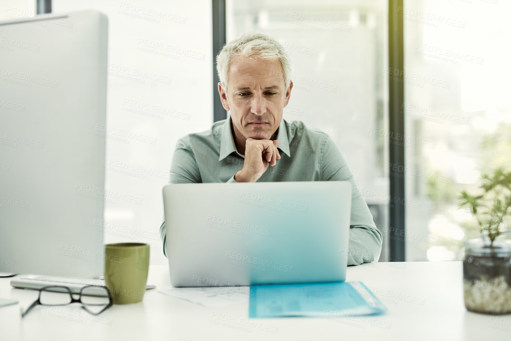 Buy stock photo Businessman, laptop and thinking for communication, proposal and corporate development vision. Mature man, planning and technology in office for investment research, networking or sustainable service