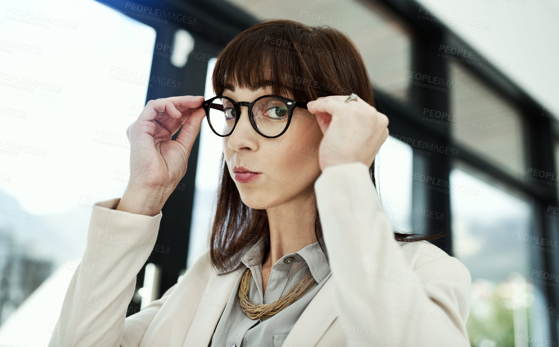 Buy stock photo Portrait, woman and adjusting glasses for vision, eyesight correction and eye care in optometry office. Face, spectacles and customer holding frame for prescription lens, health and wellness in USA