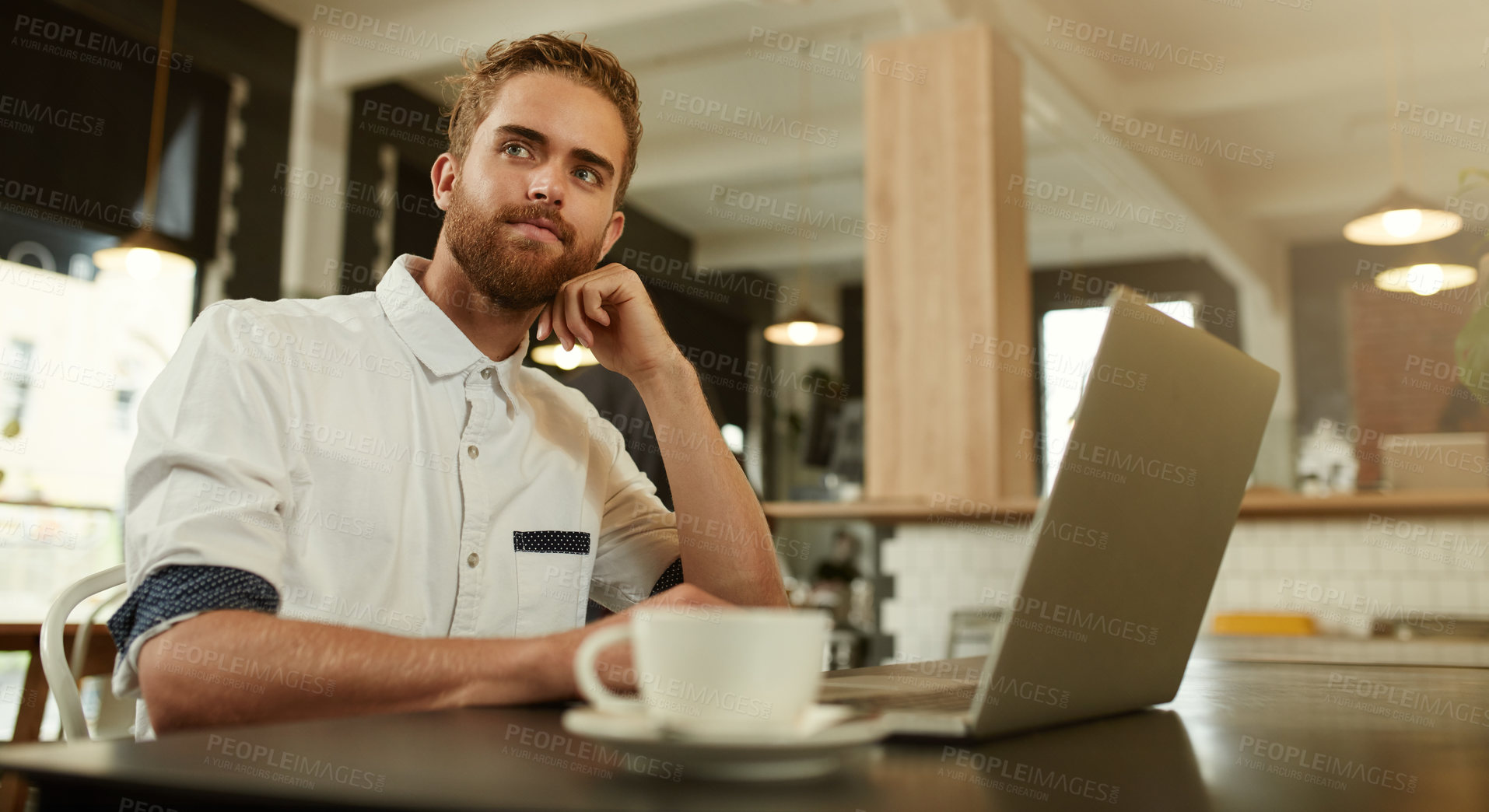 Buy stock photo Man, laptop and thinking as entrepreneur in small business or restaurant for planning or ideas. Male person, tech and coffee shop in working, career or development for menu, recipe or stock inventory