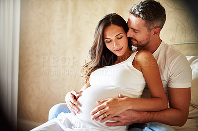 Buy stock photo Love, relax and pregnancy with couple in bedroom for fertility development, prenatal growth and health. Care, support and baby with man and pregnant woman at home for parenthood, maternity and trust