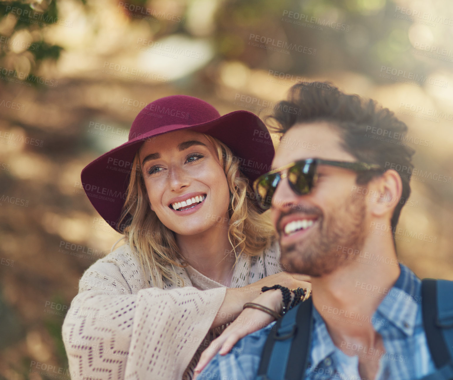 Buy stock photo Cropped shot of an affectionate young couple during a hike