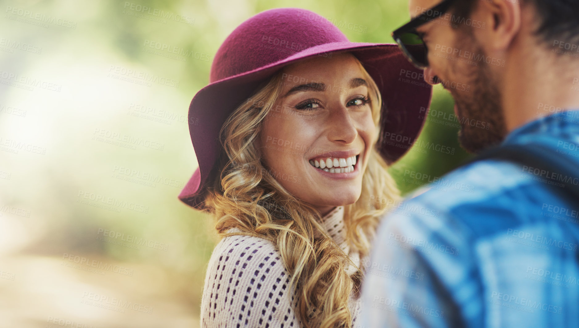 Buy stock photo Couple, portrait and woman on date, outdoor and happy with man in adventure, hike and love of nature. Peace, person and boyfriend in holiday for bonding, hat and romance in relationship in Turkey