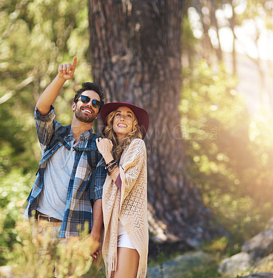 Buy stock photo Cropped shot of an affectionate young couple during a hike