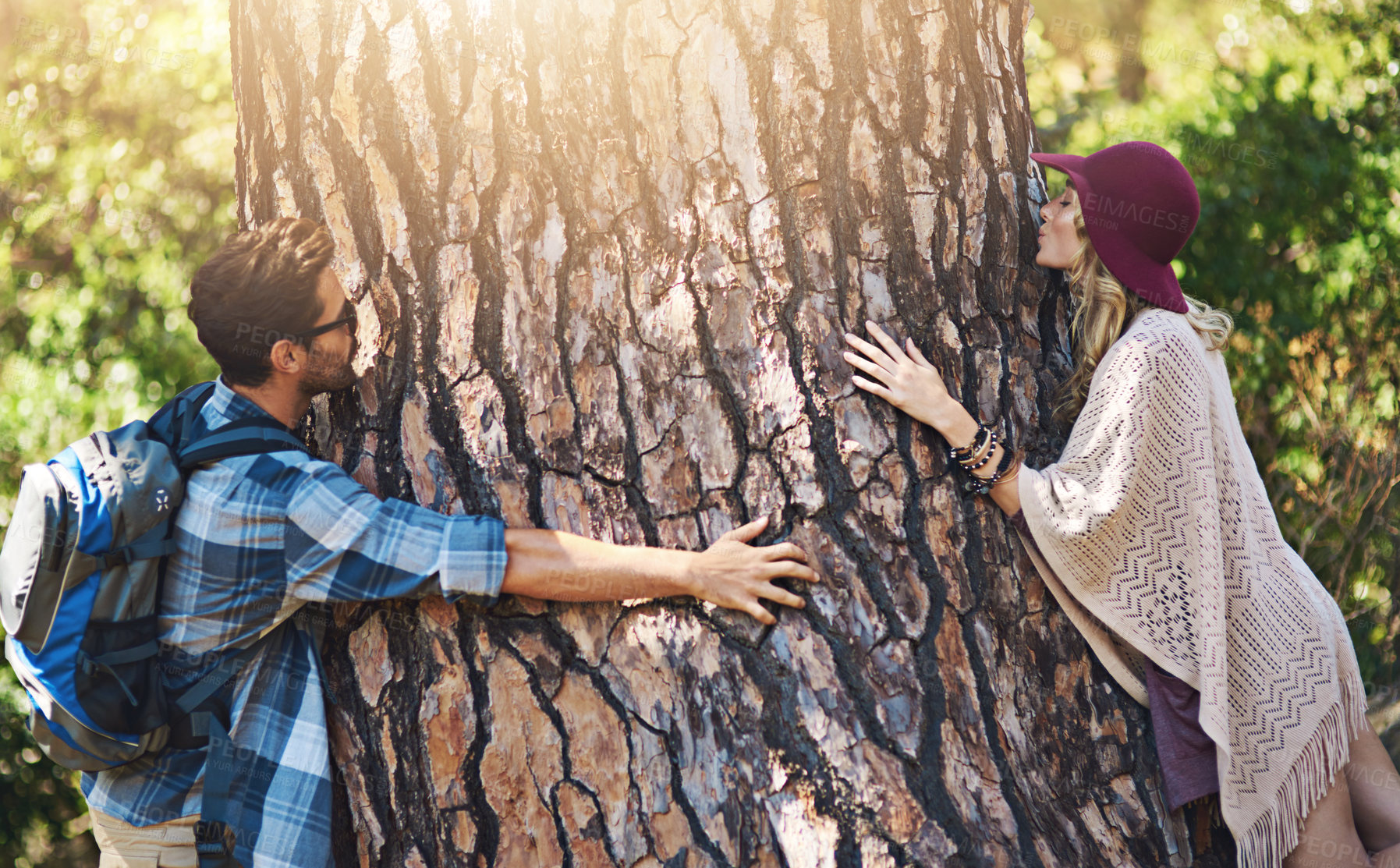 Buy stock photo Hiking, hug or couple kiss tree for love of nature, care or climate change outdoor. Trekking, man or woman embrace wood trunk for connection to forest, sustainable ecology or eco friendly environment