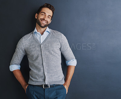 Buy stock photo Studio, portrait and businessman with pride for fashion, casual clothes and profession by mockup space. Career, sales person and smile with confidence for corporate, cool style or isolated background