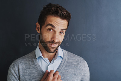 Buy stock photo Man, portrait and entrepreneur with fashion, confidence and elegant style on dark background. Business, mockup or face of proud male designer in studio for development, ambition and startup company