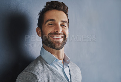 Buy stock photo Studio, portrait and businessman with mockup for fashion, clothes and confidence for professional. Career, sales person and smile with pride for corporate, cool style and isolated background