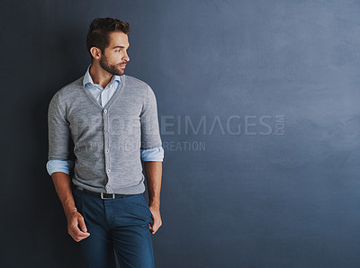 Buy stock photo Studio, thinking and businessman with mockup for fashion, casual clothes and planning for profession. Career, sales person and ideas by backdrop for corporate job, cool style and isolated background