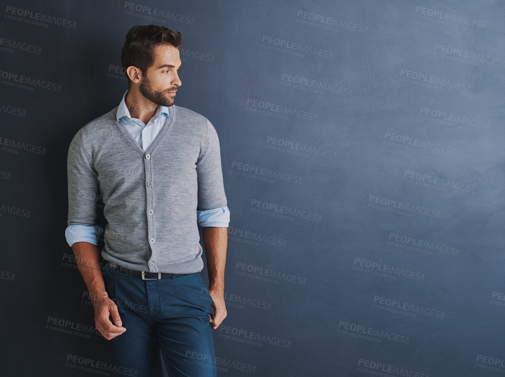 Buy stock photo Studio, thinking and businessman with mockup for fashion, casual clothes and planning for profession. Career, sales person and ideas by backdrop for corporate job, cool style and isolated background