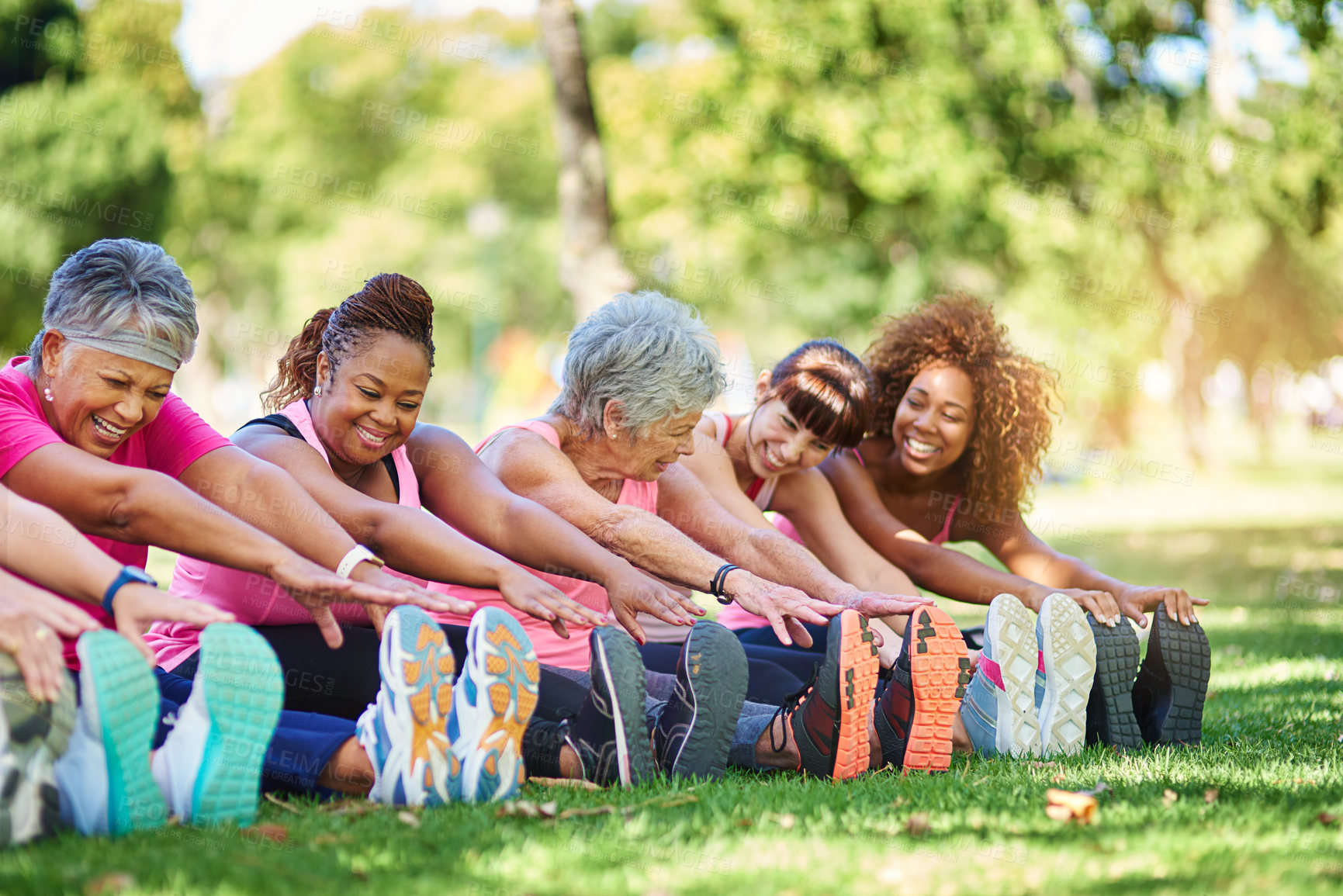 Buy stock photo Fitness, yoga and senior women in park stretching for wellness, healthy body and mobility in pilates class. Retirement, friends and mature people for exercise, training and workout for balance