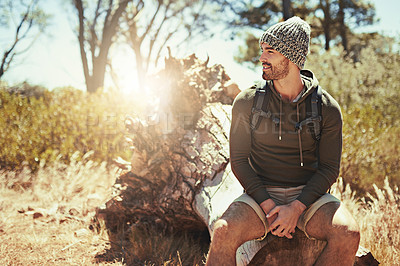 Buy stock photo Relax, hiking and thinking in forest, nature or woods for fitness or environment for break. Man, backpacker and idea for rest, recovery or summer mountain workout with adventure or weekend travel