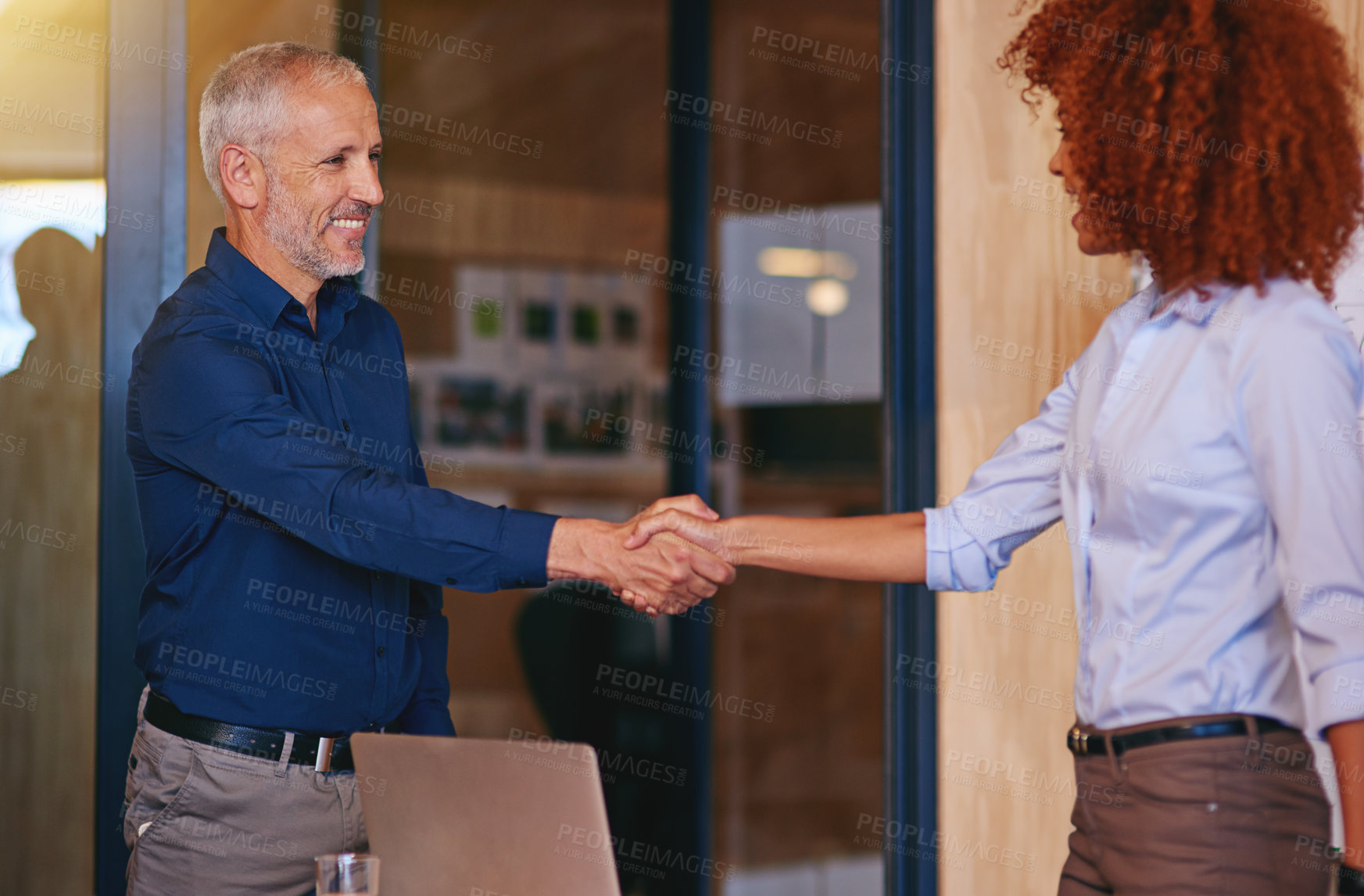 Buy stock photo Business, people and handshake for welcome in office with smile, introduction and partnership deal. Professional, employees and shaking hands in boardroom for greeting, b2b collaboration or thank you