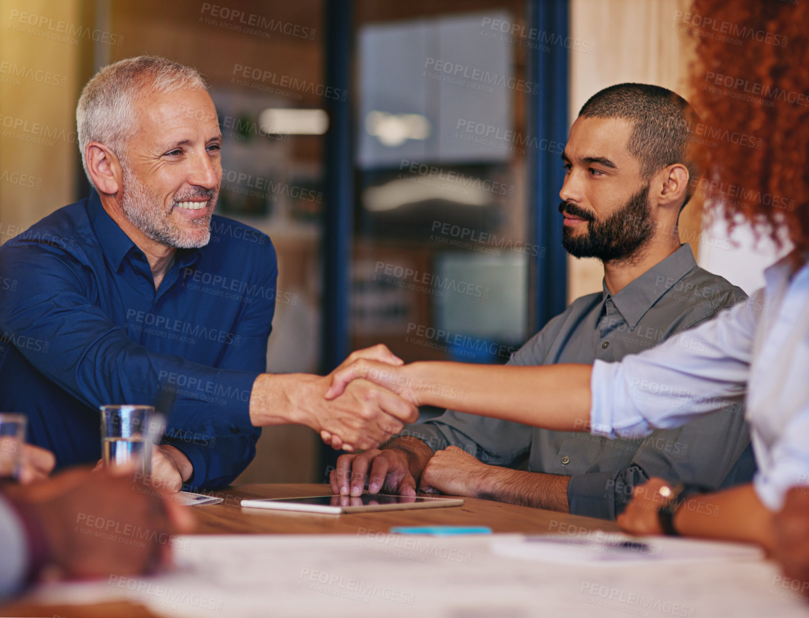 Buy stock photo Business, people and handshake for meeting in office with smile, introduction and partnership deal. Professional, employees and shaking hands in boardroom for greeting, b2b collaboration or thank you