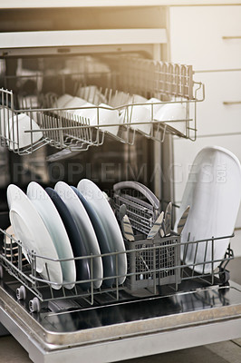 Buy stock photo Backgrounds, dishwasher and machine for cleaning dishes, washing, dirty kitchenware and easy housekeeping process. Closeup of electrical appliance with plates, cups and crockery for hygiene at home