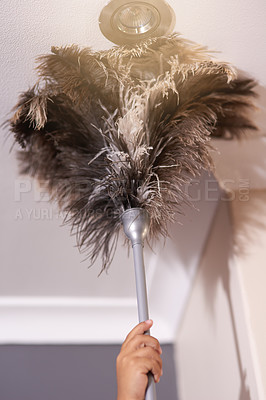 Buy stock photo Feather duster, hand of person cleaning and hygiene for housekeeping, maid or janitor with equipment. Dust on ceiling, tools for housework and cleaner with maintenance at home or service at hotel