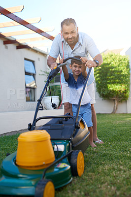 Buy stock photo Grass, cut and man with boy in garden with smile for learning, responsibility and support at home. Family, kid and dad with backyard equipment for help in teaching, development and housework together
