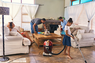Buy stock photo Family, chores and cleaning in living room by house as teamwork to learning responsibility at home. Father, children and working together by helping, bonding and cooperation  for natural growth