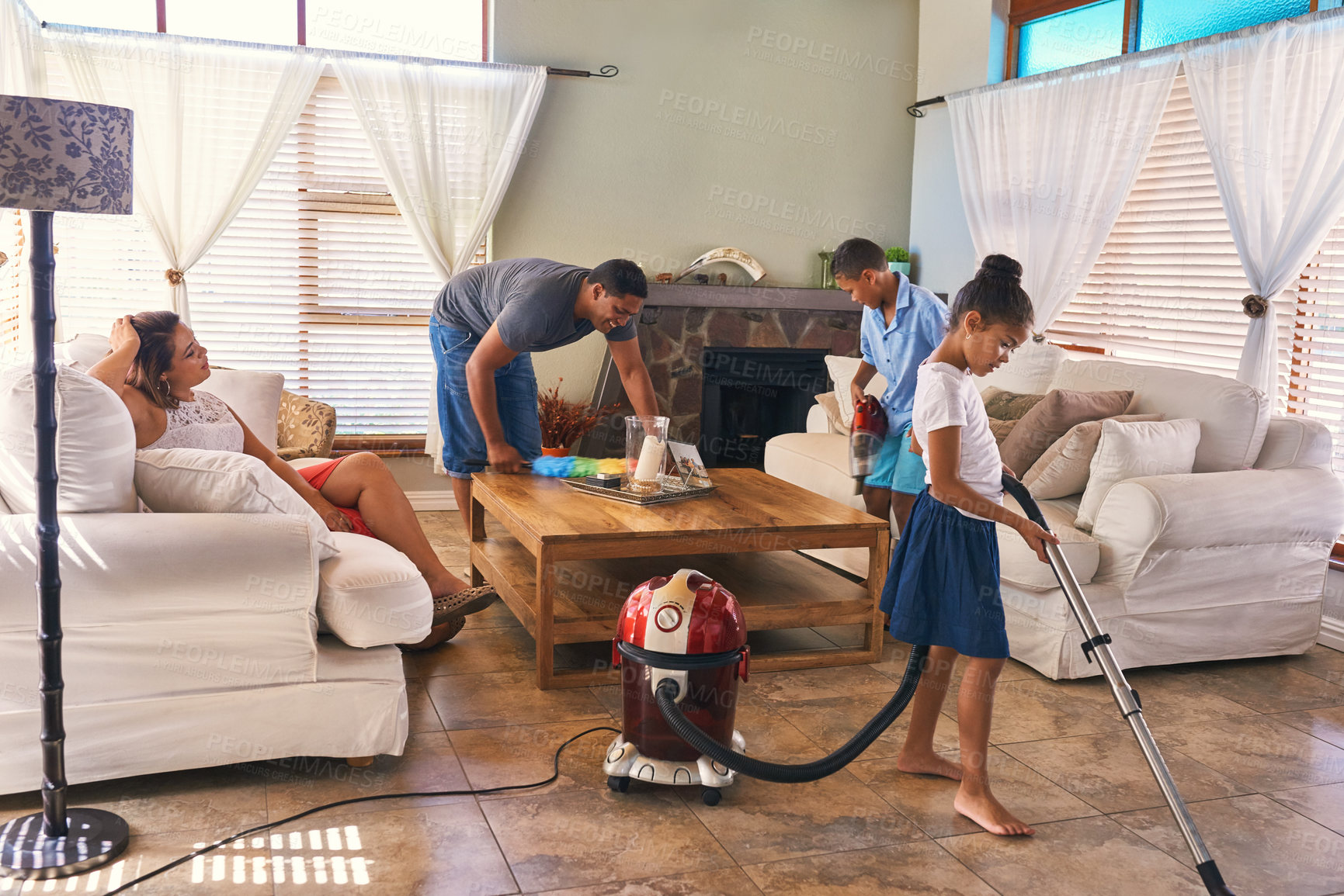 Buy stock photo Family, chores and cleaning in living room by house as teamwork to learning responsibility at home. Father, children and working together by helping, bonding and cooperation  for natural growth