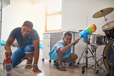 Buy stock photo Father, portrait or child cleaning by vacuum floor of home as teamwork to learning responsibility in house chores. Family, single parent or kid with duster or helping with drums or dirty instruments