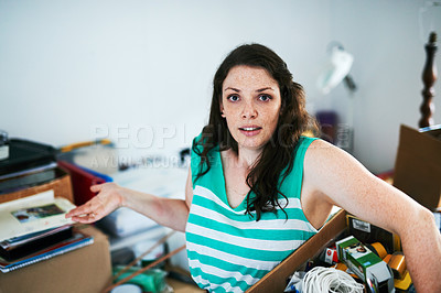 Buy stock photo Housekeeping, stress and portrait of woman in home with mess, boxes of junk and clutter in living room. Spring cleaning, chaos and female person with frustration, anger and burnout for dirt crisis