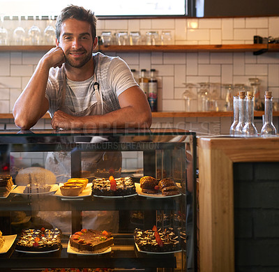 Buy stock photo Portrait of a young business owner standing in a cafe