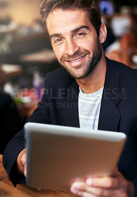 Buy stock photo Portrait, cafe and man with tablet, smile and relax with social media and texting with internet and network. Face, person or professional with tech, connection or digital app with customer and client