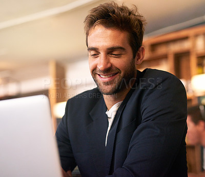Buy stock photo Office, ideas and man with laptop reading website review, online report or article for business opportunity. Networking, communication and businessman at desk with computer, checking email website