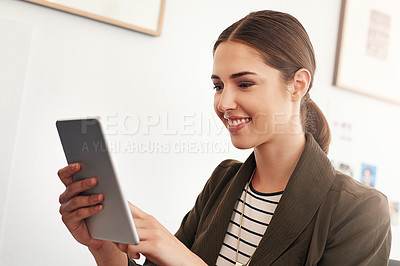 Buy stock photo Thinking, business and woman in office, tablet and online reading with social media. Person, employee and magazine editor in workplace, technology and internet with connection, review article and app