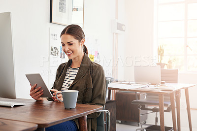 Buy stock photo Tablet, business and woman in office, typing and online reading with email notifications. Person, employee and consultant in workplace, tech and internet with connection, social media or website info