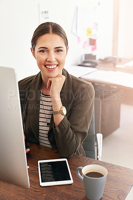 Buy stock photo Portrait, computer and woman with smile, office and graphic designer with tech for project or confident. Happy, employee and creative for web design in business, coffee and person with inspiration
