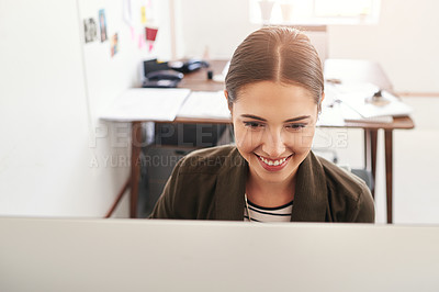 Buy stock photo Happy, business and woman in office, computer and online reading with research for article. Person, journalist and magazine editor in workplace, pc and internet with connection and review for fashion