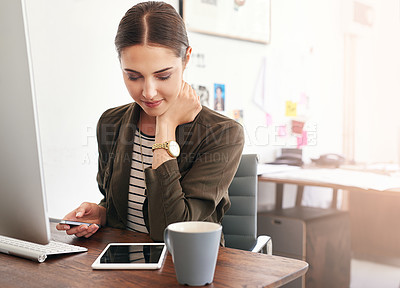 Buy stock photo Tablet, reading and planning with business woman in office for online review, schedule and research. Social media manager, platform awareness and trend monitor with person in creative agency for news