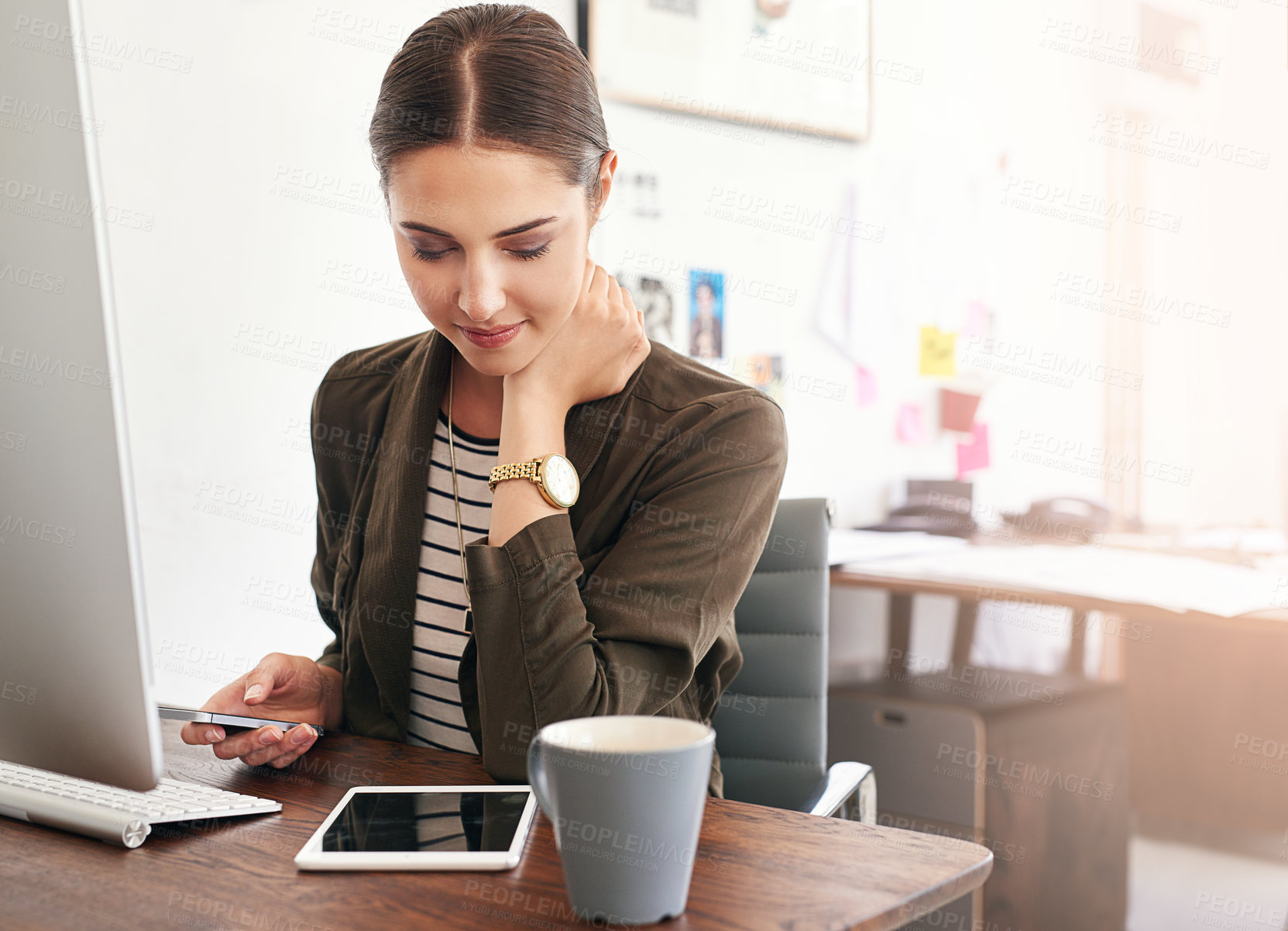 Buy stock photo Tablet, reading and planning with business woman in office for online review, schedule and research. Social media manager, platform awareness and trend monitor with person in creative agency for news