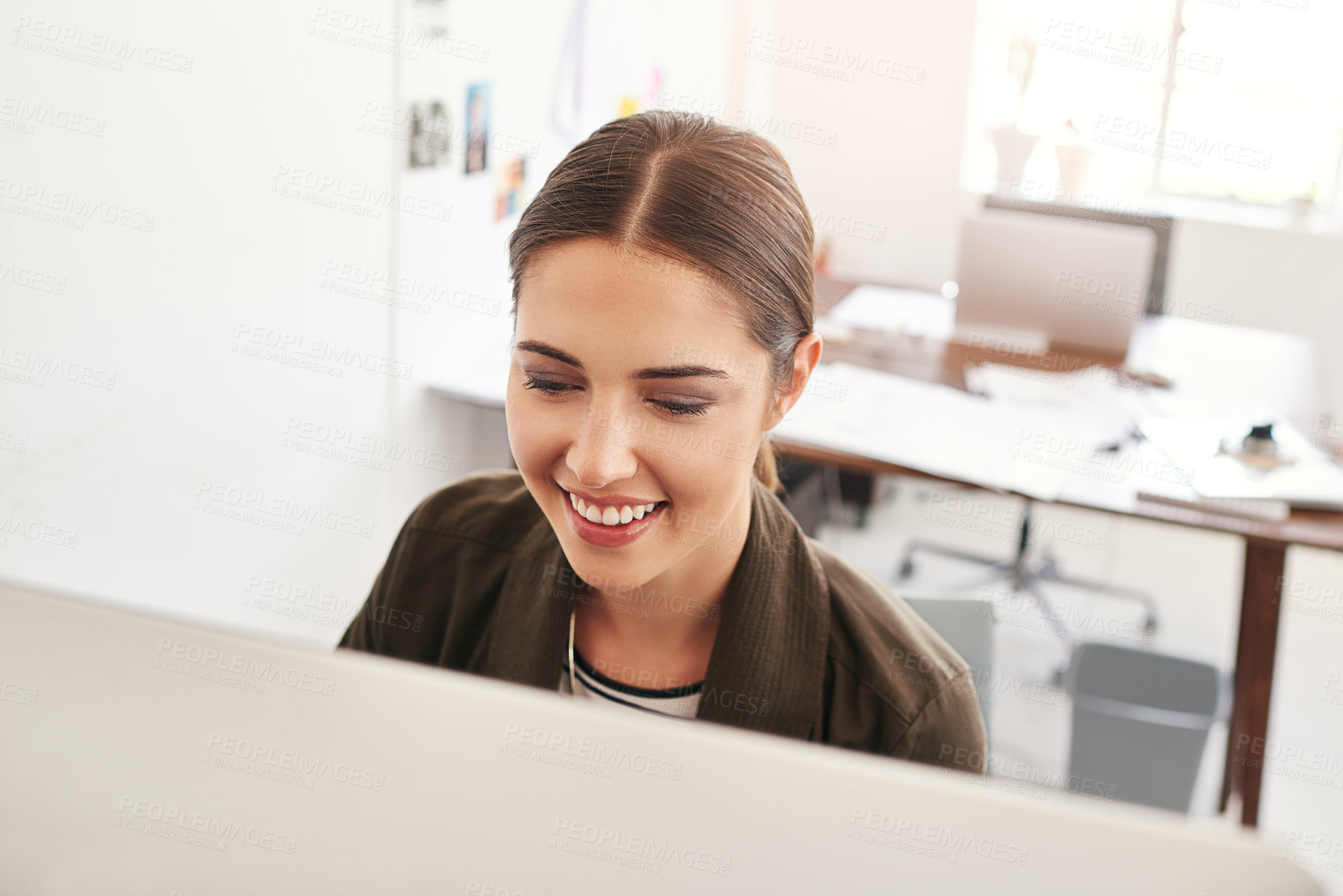 Buy stock photo Funny, business and woman in office, computer and online reading with positive feedback. Person, employee and magazine editor in workplace, pc and internet with connection, review article and smile