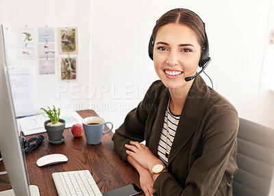Buy stock photo Headset, portrait and consultant with business woman in office for travel agent, customer service or crm. Flight package, hotel booking or airline contact with person for help desk and advisor