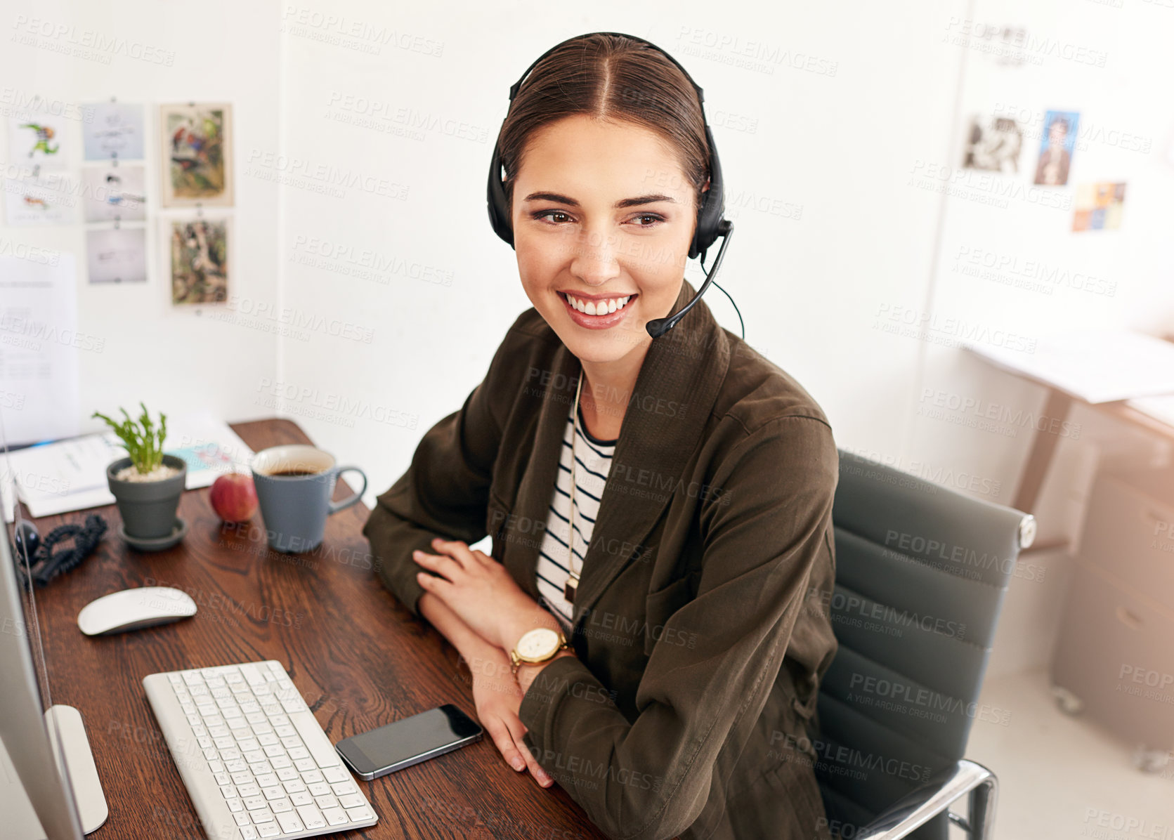 Buy stock photo Headset, smile and consultant with business woman in office for travel agent, customer service or CRM. Flight package, hotel booking or airline contact with person in agency for help desk and advisor