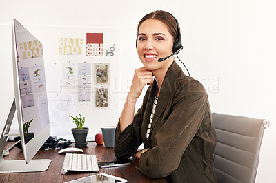 Buy stock photo Headset, portrait and agent with business woman in office for travel consultant, customer service or crm. Flight package, hotel booking or airline contact with person for help desk and computer
