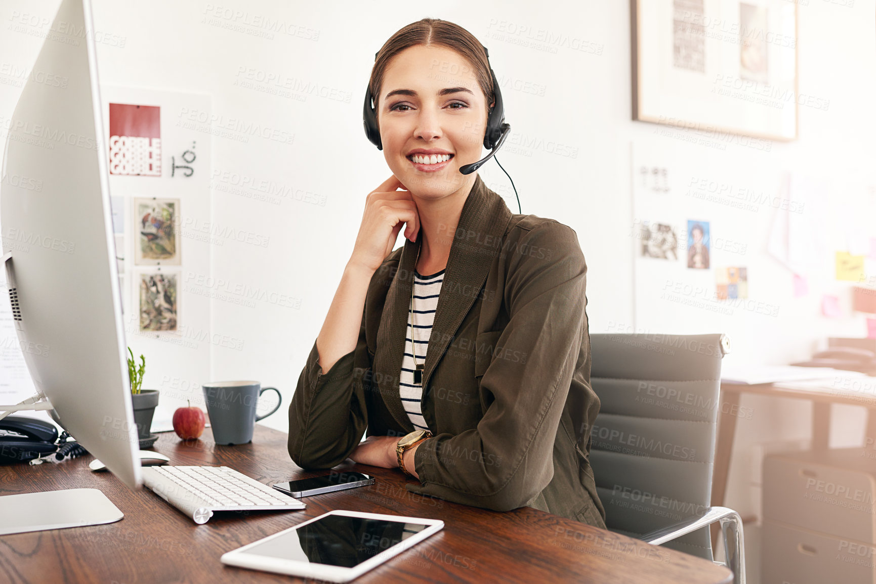Buy stock photo Headset, smile and agent with portrait of woman in office for travel consultant, customer service or crm. Flight package, hotel booking or airline contact with person for help desk and computer