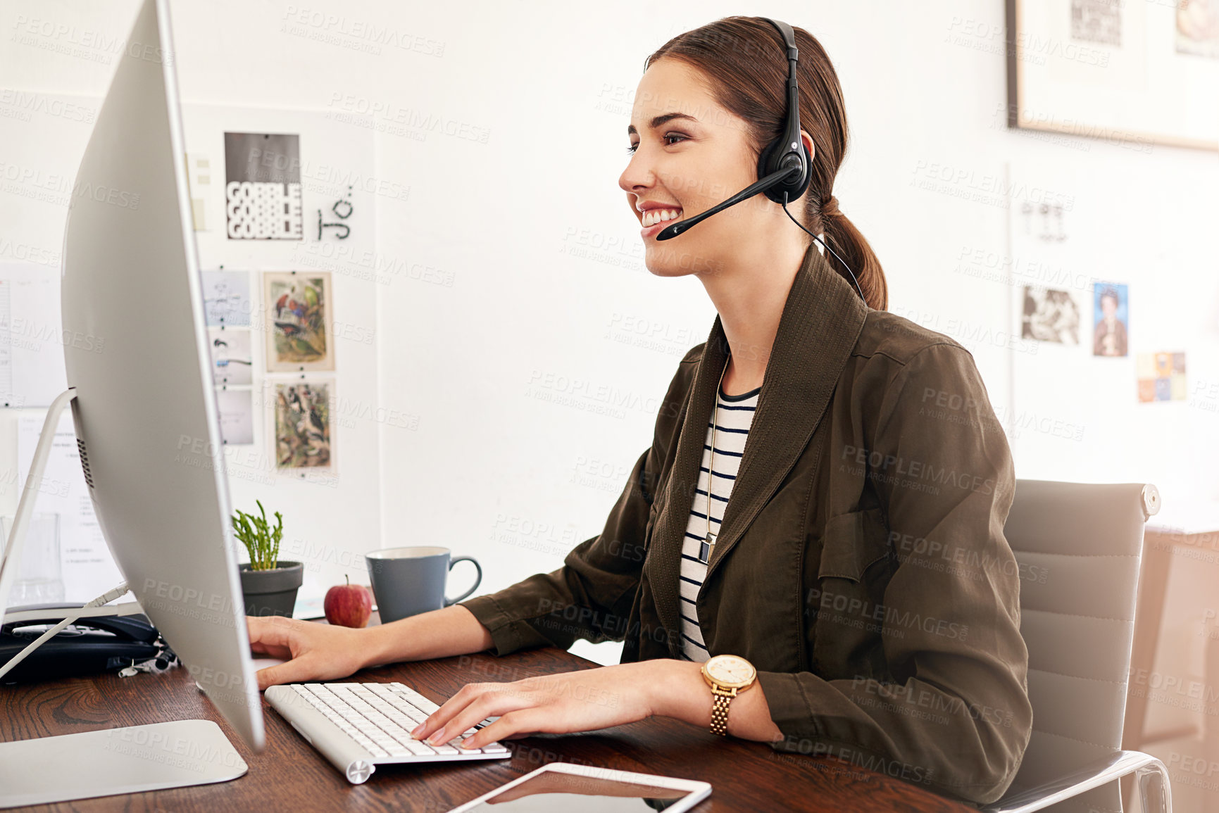 Buy stock photo Headset, computer and agent with business woman in office for travel consultant, customer service or CRM. Flight package, hotel booking or airline contact with person for help desk, reading and smile