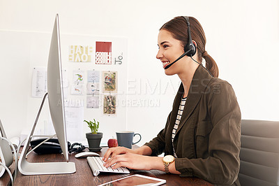 Buy stock photo Agent, woman and typing on computer with microphone for customer service, trip planning and flight booking. Travel consultant, happy person and virtual call for client support or itinerary assistance