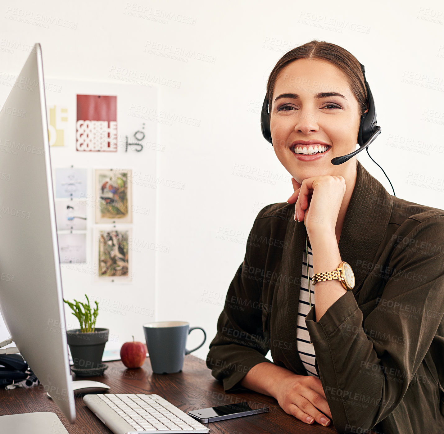 Buy stock photo Woman, portrait and customer support for crm, call center and personal assistant service agency. Consultant, computer and telemarketing company for smile, happiness or workplace operator with headset